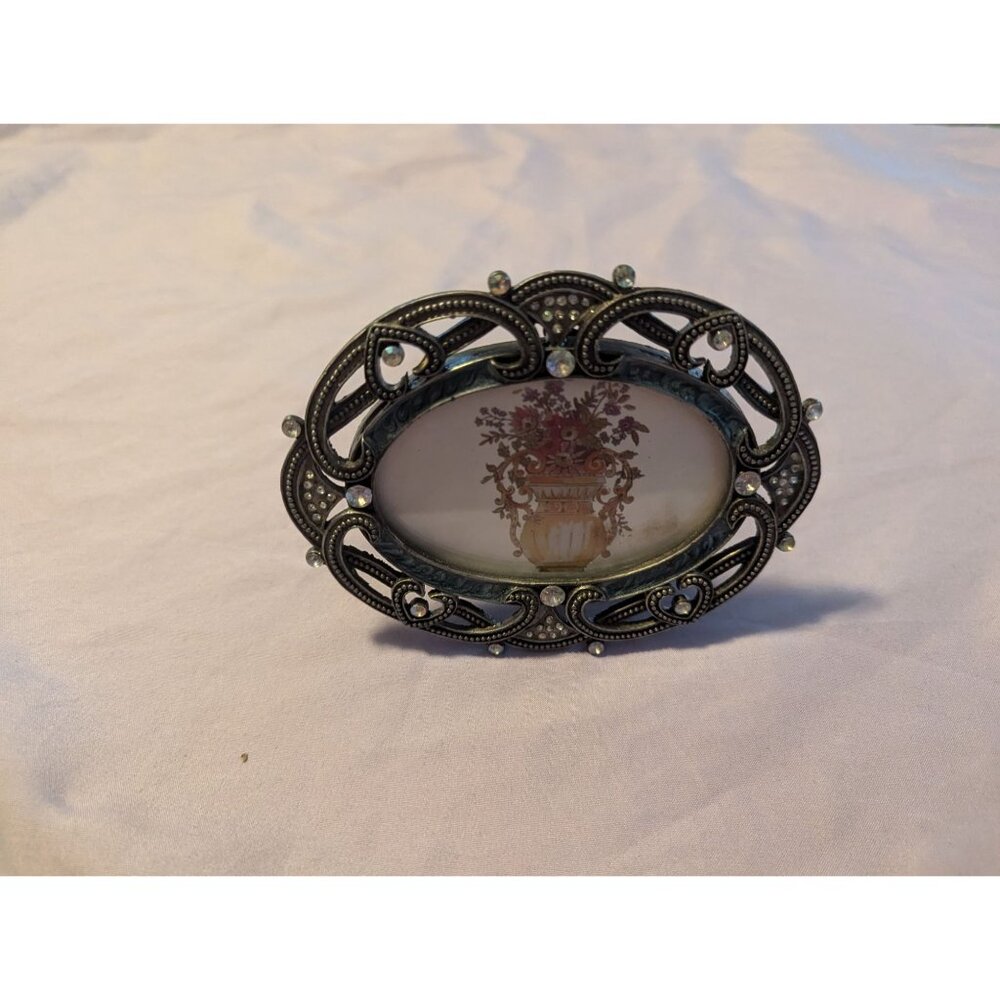 Vintage Ornate Oval Picture Frame Floral Print Rhinestone Accents & Easel Back